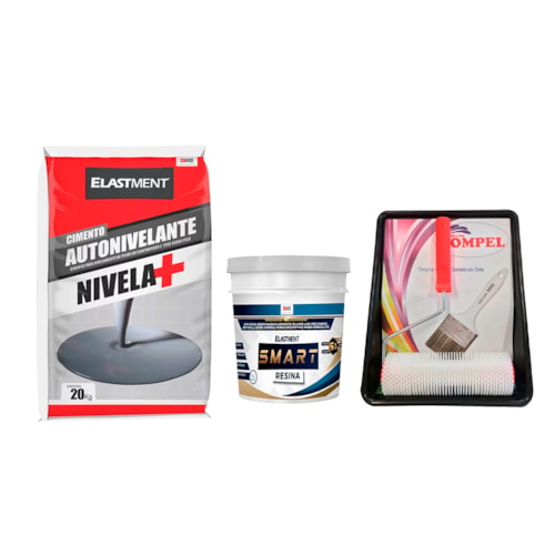 KIT Cimento Autonivelante 20KG Cinza + Smart Resina 900ML + KIT Rolo Fura Bolhas 7cm